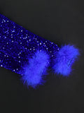 Mqtime Women Dress Velvet Shiny Glitter Sequin Long Sleeve  Feather Tassel Autumn Package Hip Celebrate Occasion Birthday African Gown