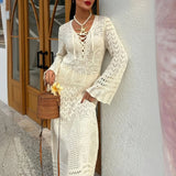 MQTIME  -  Spring Summer V Neck Lace Up Hollow Knitted Dress Sexy Beach Slim Cover Up Maxi Dress Women's Casual Long Sleeved Holiday Dress