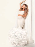 MQTIME  -  Elegant White High Stretchy Long Pregnant Dresses To Photoshoots Handmade Flower Maternity Photography Dress Long Robe