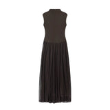 MQTIME  -  Women Mesh Splice Long Dresses Spring Summer Female Chic French Elegant Stand Collar Zip Sleeveless Vest Dress Lady Party Dress