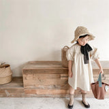 MQTIME  -  Summer Korean Style Baby Girls Cotton Dresses Puff Sleeve Solid Color Kids Robe Children Casual Dress