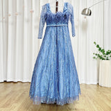 MQTIME  -  Luxury Dubai Blue Girl Dress Feathers Beaed A-Line Gown for Kids Wedding Birthday Communion Party Pageant 2024 J369