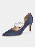 MQTIME  -  Sexy Side Cut Out High Heels Pointed Toe Satin Strap Rhinestone Chain Women Dress Sandals