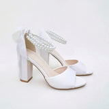 MQTIME  -  New High Heels Women's Thick Heel Sandals Versatile Ribbon Bow Pearl Belt Sandals.