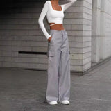  MQTIME  -  Autumn Women's Elastic Waist Low Waist Wide Leg Cargo Trousers Straight Khaki Long Casual Pants Female Fashion Streetwear Capris