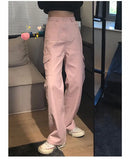 MQTIME  - Women Pink Cargo High Waist Wide Pants Straight Palazzo Pants Fashion All-Match Trousers Harajuku 2024 Women Solid Pockets Pants