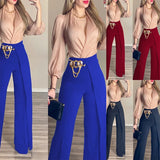 Mqtime Fashion Office Contrast Color Set Office Spring Women SuitsLady Sexy Solid Color V-Neck Tops + Long Suit Pants Sets