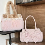 MQTIME  -  Sweet Utility Tote, Plush Deer Spot Bag With Lace Bow, Lolita Style Large Capacity Crossbody, Brown Pink Soft Shoulder Bag