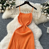 MQTIME  -  Summer New Knitted Pleated Long Dress High Waist Midi Sling Dresses Elegant Sleeveless Women Streetwear Black Bodycon Vestidos