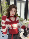 MQTIME  -  Sweet Hot Girl Retro Contrasting Striped V-neck Sweater Women's Autumn Long-sleeved Slim-fit Knitted Pullover Female Clothes