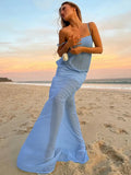 MQTIME  -  Sexy Spaghetti Strap Solid Color Sleeveless Mesh Patchwork Dress Women Slim See-Through Party Beach Holiday Long Dress