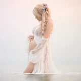 MQTIME  -  Maternity Photography Maxi Dress For Photo Shooting Slit Open Slash Neck Flower Lace Pregnancy Photo Shoot Long Lace Dress