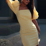 MQTIME  -  Summer Square Collar Evening Dress Elegant Lady Slim Wrap Hips Dress 2025 New Fashion Checkered Printed Puff Sleeve Short Dress
