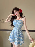 MQTIME  -  Plaid Dresses Women Bandage Sleeveless Slim Lace Patchwork Summer Fashion Sweet Elegant Party Mini Dress Female Casual
