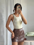 MQTIME  -  Chic Y2K Sequined Brown Mini Skirt Women Sexy Club Shiny Skirts 2025 Fashion Modern Birthday Night Party Music Streetwear Skirt