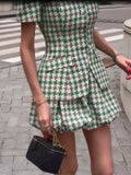 MQTIME  -  Green Round Neck Short Sleeve Two-piece Set Summer Women's Suit Plaid Tweed Peplum Blazer And Skirt lady Daily Street Wear