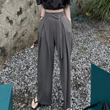 MQTIME  -  Fashion Women Wide Leg Pants Korea Chic High Waist Loose Mopping Suit Pants Elegant Lady Pleated Belt Strap Black Loose Trousers