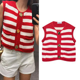 MQTIME  -  Striped Knit Waistcoat Women Summer Casual Sleeveless Women's Tank Top With Button European Style Female Chic Tops