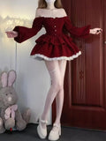  MQTIME  -  Winter Christmas New Year Red Slim Dress Women Fashion Elegant Off Shoulder Velvet Dresses Vintage Warm Bow Design Full Dress
