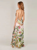  MQTIME  -  Print Long Dress For Women Stand Deep V-neck Sleeveless Backless Waist Cinching Robe Summer Elegant Female Party Dresses