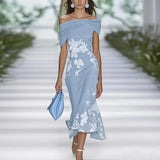  MQTIME  -  Elegant Summer Commuting Long Dress Flower Print Off Shoulder Women's A-line Dress New Fashion Hollow High Waist Wrap Hip Dress