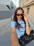 MQTIME  -  Y2K Women Summer Polo Shirt Blue White Contrast Striped Short Sleeve Knitted Blouse Cardigan Casual Commuter Hollow Tops