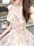 MQTIME  -  Elegant Seaside Vacation Floral Printed Dress Summer Off Shoulder Women Camisole Dress Slim Casual Ruffles Fairy Dress
