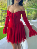 MQTIME  -  Sexy Long Flare Sleeve Lace-up Bow A-line Dress Women Black Red Off Shoulder Backless Pleated Mini Dresses Evening Party Clubwea