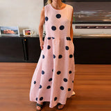 MQTIME  -  Round Neck Pocket Long Dress Summer Fashion Polka Dot Printed Draped Maxi Dress Casual Cotton Linen Loose Party Dresses