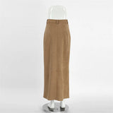 MQTIME  -  Fall Winter Vintage Suede Skirt New Women's Split Brown Long Skirts High Street Office Lady Elegant High Waist Slim Dress