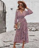 MQTIME  -  Printing Maxi Dress V Neck Bandage Boho Holiday Dress Long-sleeved Belt Lace-up Vestidos Ruffled Beach Dresses