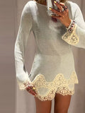 MQTIME  -  Lace Trim Women Short Suit Round Neck Sheer Layers Knitted Top Solid Elastic Waist Shorts Beach Vacation Daily Suits For Ladies