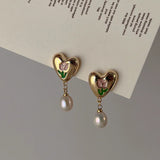 Mqtime French Vintage Drop Oil Tulip Metal Heart Pearl Earrings Autumn Winter Fashion Elegant Temperament Female Earrings Jewelry