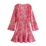 MQTIME  -  Summer Women Fashion With Tie Floral Print Mini Dress Vintage V Neck Long Sleeve Female Dresses Vestidos Mujer