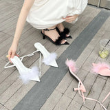 Mqtime Pointed Toe Women Sandals Fur Design Summer Dress Shoes Ankle Strap Thin Mid Heels Black White Pink Fashion Party Sandals 35-39