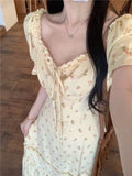 MQTIME  -  Women Dresses Floral Printed Puff Short Sleeve Bandage Summer Fashion Ruffles Square Collar Sweet Elegant Dress Female