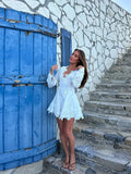 MQTIME  -  Flower Embroidery Hollow Out A-line Dress Women Slim V-neck Long Sleeve High Waist Dresses Elegant Summer Vacation Party Robe