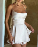MQTIME  -  Sexy Gloss Satin Tie Back Cowl Neck Mini Party Dress Wrap Lace-up Open Back Flowy Double Layer Robe Bar Night Event Vestido