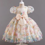 MQTIME  -  Flower Print Girls' Dress New Princess Bubble Sleeves Big Bow Gown Kids Sweet Dresses Children Casual Mesh Dress 1-5 Years