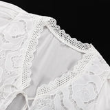 MQTIME  -  Summer Cotton Cut-out Stitching Design Sense Set Women's Summer New V-neck Short Sleeve Lace-up Top Shorts Two-piece Set