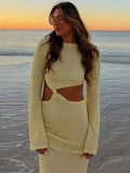 MQTIME  -  Elegant Hollow Out Knitted Women's Dress O-neck Long Sleeve Bodycon Midi Dresses 2025 New Lady Beach Holiday Split Lady Robes