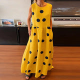 MQTIME  -  Round Neck Pocket Long Dress Summer Fashion Polka Dot Printed Draped Maxi Dress Casual Cotton Linen Loose Party Dresses