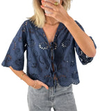 MQTIME  -  Women s Short Sleeve V-Neck Hollow Out Casual Blouse Tie Front Solid Color Loose Fit Summer Top Streetwear Fashion