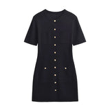 MQTIME  -  Elegant Knitted Short Dresses Women Solid Single Breasted Mini Dress Short Sleeve Pocket Slim Hip Vestidos 2025 Lady Fashion New