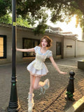 MQTIME  -  Coquette Sweet Kawaii Peter Pan Collar Apron Dress Set Women Lace Bow Ruffle Hem Ruched Waist Slim Fit Mini Dress Casual Outfit