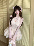 MQTIME  -  French Coquette Princess Sweet Floral Lace Halter Neck Dress Women Bow Trim Cutout Ruched Waist Ruffle Hem Slim Fit Mini Dress