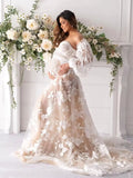 MQTIME  -  Lace Appliqued Prom Dresses Women Maternity Photoshoot Dress White Tulle Baby Shower Gown Customized Boho vestido de novia