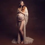MQTIME  -  Boho Materntiy Photoshoot Dress sexy Tassels Sequins Champagne Bohemian Tulle Sequined Pregnant Woman Photography Dress