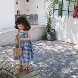 MQTIME  -  Girls Korean Blue Plaid Dress Summer New Cotton And Linen Children's Cute Bow Tie Sleeveless Halter Suspenders Dresses