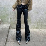 MQTIME  -  Women Black Faux Leather High Waist Flare Pants Slim Stretch PU Leather Autumn Wide Leg Floor Length American Bootcut Trousers